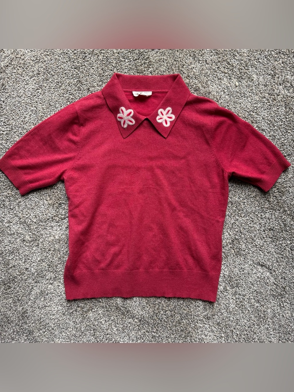 Cottagecore Preppy Feminine Supersoft Red Collared Sweater Flowers Academia Sz L
